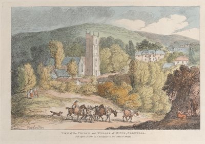 St. Cue templom és falu kilátása, Cornwall, a Views in Cornwall, A..., 1812. április 12. képe. alkotó: Thomas Rowlandson