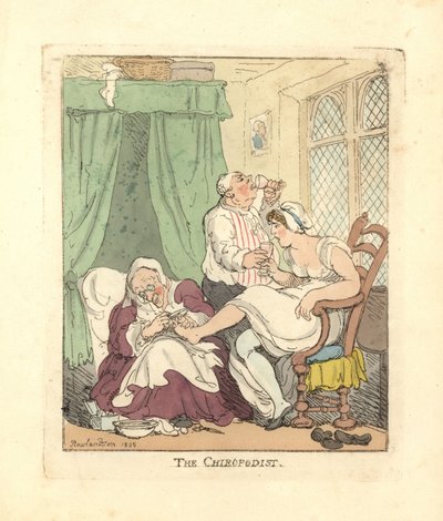 Egy nő, akinek a lábát fájdalmasan kezeli egy csontkovács. alkotó: Thomas Rowlandson