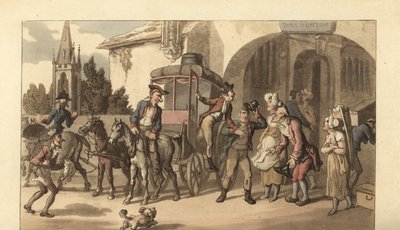 Fiatal angol úriember érkezik egy francia postára alkotó: Thomas Rowlandson