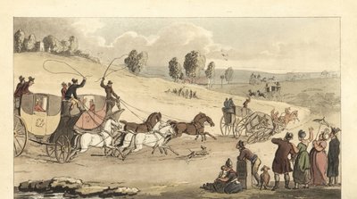 Fiatal angol urak négylovas kocsikkal versenyeznek egy úton alkotó: Thomas Rowlandson