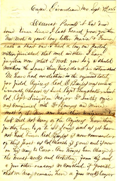 Levél aláírva T.S. Hawley, Cape Girardeau, Missouri, szülőknek, 1861. szeptember 8 alkotó: Thomas S. Hawley