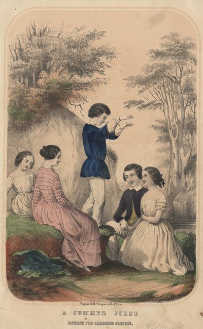 Nyári jelenet, Divatok gyermekruhákhoz, Wagner und McGuigan litója, 1850 alkotó: Thomas S. Wagner