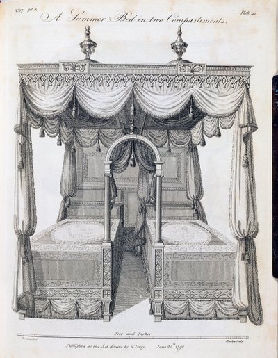 Nyári ágy két rekeszben: 41. tábla, Thomas Sheraton „A szekrénykészítő és kárpitos rajzkönyve”, III. rész, pub. G. Terry, 1793. június (bw print) alkotó: Thomas Sheraton