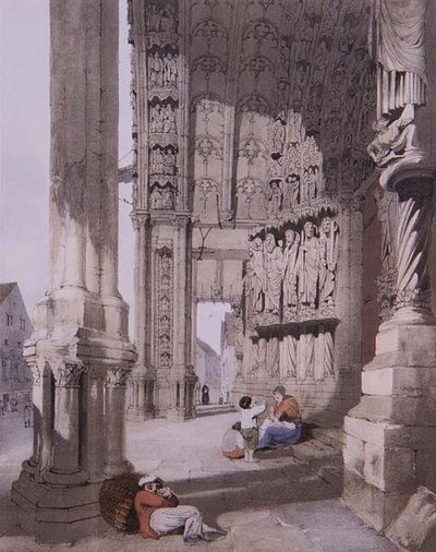 A Chartres-i székesegyház déli tornáca, illusztráció a „Picturesque Architecture in Paris, Gent, Antwerpen, Rouen stb.” a művész által, kocsma. 1839 (litó) alkotó: Thomas Shotter Boys