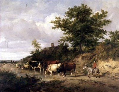 Erdős táj egy szamárháton ülő fiúval és marhákkal egy gázlónál alkotó: Thomas Sidney Cooper