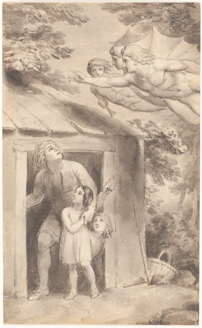 Péter és gyermekei, akiket három repülő alak látogat meg alkotó: Thomas Stothard