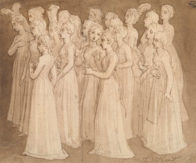 Húsz fiatal lány balra sétál egy csoportban alkotó: Thomas Stothard