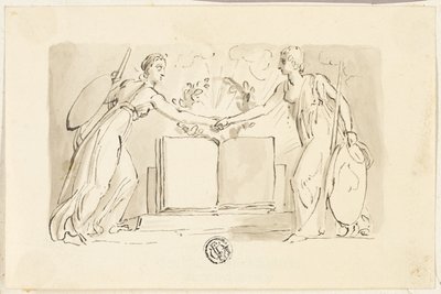 Két allegorikus női alak összekulcsolva kezét a könyv előtt alkotó: Thomas Stothard