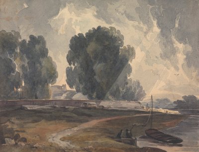 Táj a fákkal és a tó figurákkal és csónakkal alkotó: Thomas Sully