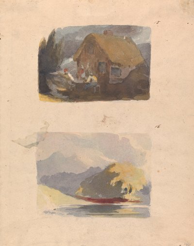 Két rajz egy lapon: Ház figurákkal elöl (15. sz.); Táj folyóval és hegyekkel – Napfény (16. sz.) alkotó: Thomas Sully