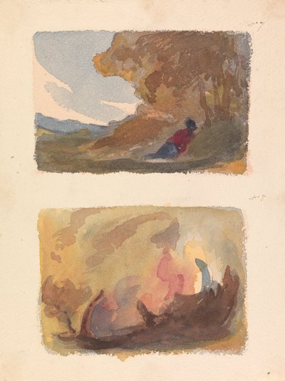 Két rajz egy lapon: Táj a dombnak dőlő alakkal - Tizian és Velencei Iskola (7. sz.); Tájkép – Különféle akvarellmosók (8. sz.) alkotó: Thomas Sully