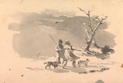 Két vadász és két kutya a téli jelenetben alkotó: Thomas Sully