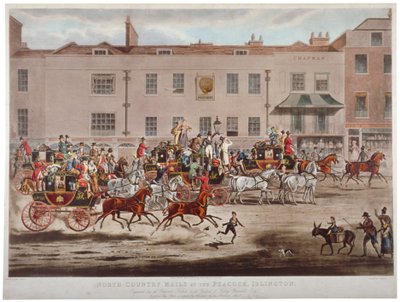 Postakocsik a Peacock Inn épülete előtt az Islington High Streeten, Londonban, 1823. alkotó: Thomas Sutherland