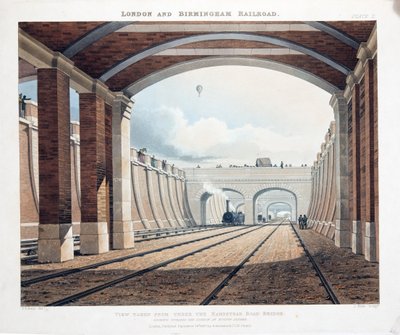 A Hampstead Road híd alól, az Euston Square-i állomás felé nézve, 1837 (kézi színezett metszet) alkotó: Thomas Talbot Bury