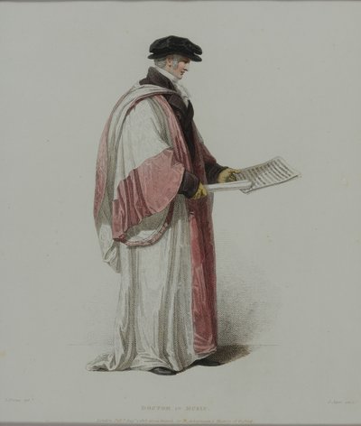 Doctor of Music, metszett J. Agar, megjelent R. Ackermann „History of Oxford” című művében, 1813 (kézzel színezett metszet) alkotó: Thomas Uwins