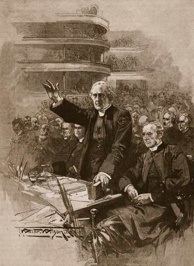 Canterbury érseke a Royal Albert Hallban tartott tüntetésen, 1893, illusztráció a "Cassell