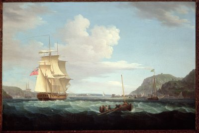 Brit fregatt egy hosszú csónakkal a Gallows Hill Headland mellett, Broad Bay, Lewis szigete, Hebridák alkotó: Thomas Whitcombe
