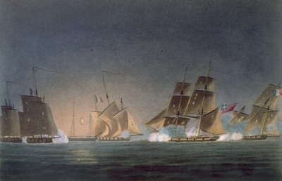 A HMS Rinaldo négy francia magánhajó ellen, J. Bailey metszete J. Ralfe "The Naval Chronology of Great Britain" című, 1820-ban megjelent művéhez. alkotó: Thomas Whitcombe