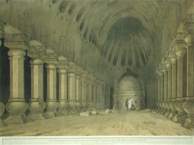Egy feltárt hindu templom belseje Salsette szigetén, 63. tábla a "Keleti tájképek" című kötetből: Twenty Four Views in Hindoostan", megjelent 1800-ban (színes litográfia). alkotó: Thomas und William Daniell