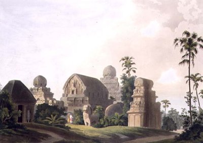 Szobrászatú sziklák Mavalipuramban, Coromandel partján, az „Oriental Scenery” pub 3. részének I. táblája. 1799 (akvatinta) alkotó: Thomas und William Daniell