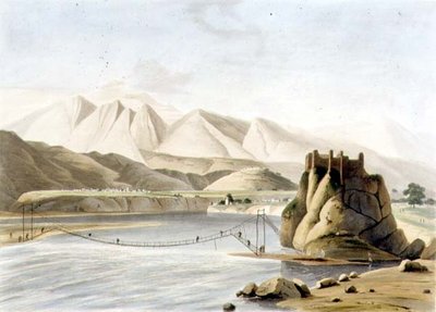 A kötélhíd Sirinagurban, XXIII. tábla a „Keleti tájkép” 6. részéből, kocsma. 1805 (akvatinta) alkotó: Thomas und William Daniell