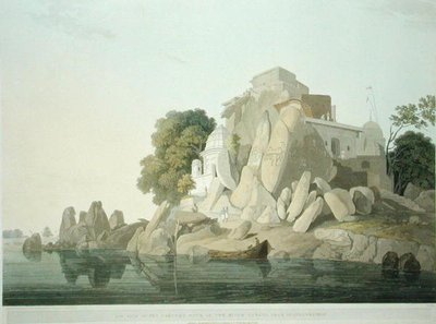 S.W. Kilátás a Hamisítványok sziklájára a Gangesz folyóban, Sultaungunge közelében, 61. tábla az „Oriental Scenery: Twenty Four Views in Hindoostan” című filmből, 1800-ban (színes litho) alkotó: Thomas und William Daniell