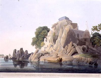 Délnyugati nézet a Hamis szikláról a Gangesz folyóban, Sultaungunge közelében, IX. tábla a „Keleti táj” 3. részéből, kocsma. 1800 (színes akvatinta) (lásd még: 195042) alkotó: Thomas und William Daniell