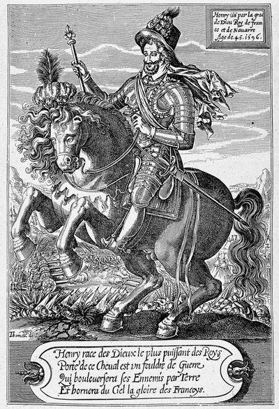 IV. Henrik (1553-1610) (egy ló) 45 éves portréja, Thomas de Leu metszete. alkotó: Thomas de Leu