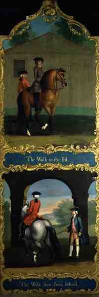 "The Walk to the Lift" (fent) és "The Walk Seen from Behind" (lent), 1750 körül (olaj, vászon) alkotó: Thomas of Pall Mall (attr. to) Butler
