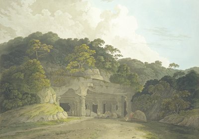 Az Elefánta-barlang bejárata, 58-as tábla az „Oriental Scenery: Twenty Four Views in Hindoostan” című filmből, 1800-ban alkotó: Thomas und William Daniell