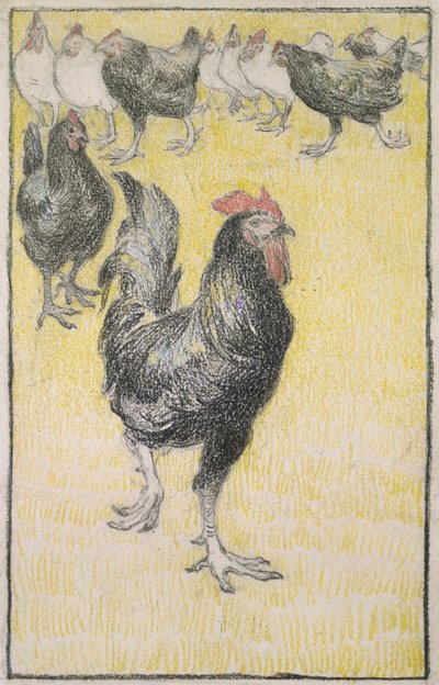 Kakas, majd fekete-fehér tyúkok (grafit fekete és színes krétával fehér papíron, fekete kréta vonallal szegélyezve) alkotó: Théophile Alexandre Steinlen