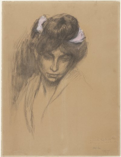 Sötét lányfej, lefelé néz, hajában lila szalaggal alkotó: Théophile Alexandre Steinlen