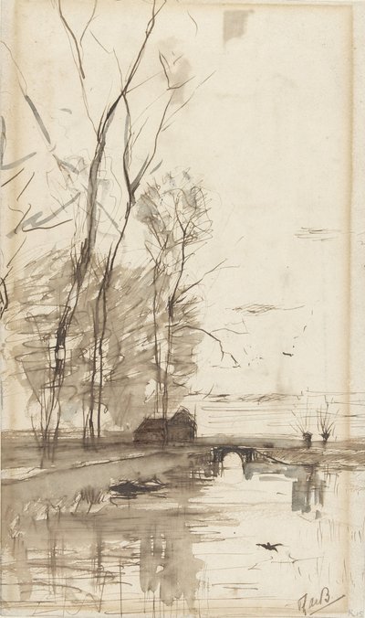Kilátás a csatornára magas fákkal, gazdasággal és híddal alkotó: Théophile de Bock (possibly)