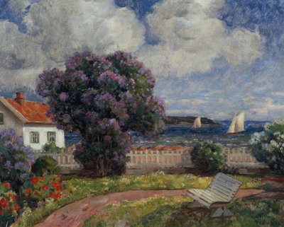 Tengerparti táj virágzó orgonabokorral (olaj, vászon) alkotó: Thorolf Holmboe