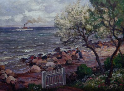 Nyári táj kertkapuval és nővel (olaj, vászon) alkotó: Thorolf Holmboe