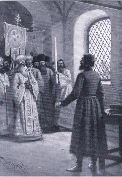 Boris Godunov in retirement at the monastery entreated to accept his election as Czar, illustration from Landmarks in European History published by Gresham Publishing Co, c.1920 (litho) alkotó: Thure de Thulstrup