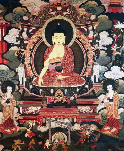Buddha két nagy tanítványa, Cariputra és Maudgalyayana között ül, jelenetek Sakyamuni Buddha életéből, a tibeti civilizációból alkotó: Tibetan School