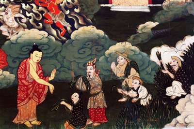 Fűcsokrokat kínál, jelenetek Sákjamuni Buddha életéből alkotó: Tibetan School
