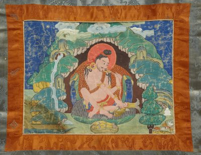 Mahasiddha Luipa, egy részleges thangkas készletből, 19. század eleje (ásványi pigmentek méretű pamuton; eredeti brokát rögzítés) alkotó: Tibetan School