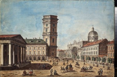 Kilátás a szentpétervári Nyevszkij sugárútra (a Szentpétervári Nyevszkij sugárútra) - Timofej Alekszejevics Vasziljev (1783-1838) munkája, akvarell és tinta papíron, 1810 körül - Orosz művészet alkotó: Timofei Alexeyevich Vasilyev