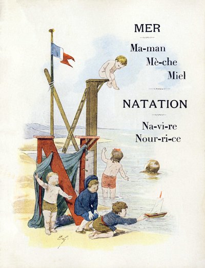 M és N betű, amely gyerekeket jelöl a tengerparton, 19. század vége (kromolitográfia) alkotó: Timoleon Marie Lobrichon