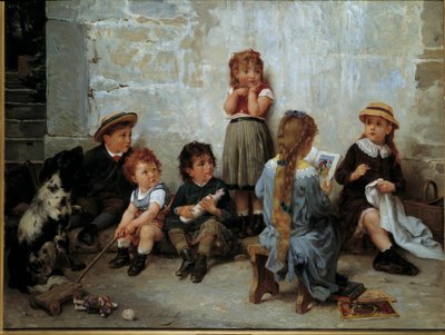 Az izgalmas rész Gyermekek könyvet hallgatnak. Timoleon Lobrichon (1831-1914) festménye XIX. Magángyűjtemény alkotó: Timoleon Marie Lobrichon
