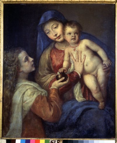 Madonna és gyermeke Mária Magdolnával. Tizian festménye (Tiziano Vecellio vagy Vecelli vagy Tiziano da Cador alkotó: Titian (c.1488 1576)