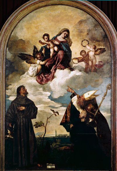 Madonna a dicsőségben gyermekével, Szent Ferenccel és Alvise-szal, valamint az adományozó Luigi Gozzival alkotó: Titian (c.1488 1576)