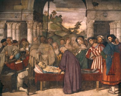 Fösvény szívének csodája, részlet a Tizianus Páduai Szent Antal életének jeleneteiből (1490-1576 körül), freskó, Szent vagy Scoletta Iskola, Padova alkotó: Titian (c.1488 1576)