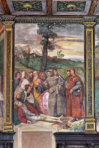 Szent Antal, aki visszahelyezi a lábát egy fiatalemberhez, A Szent iskolája (freskó) alkotó: Titian (c.1488 1576)
