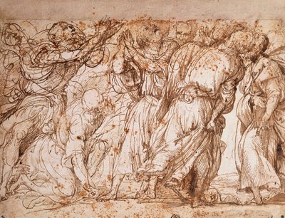 Tanulmány az apostolok csoportjáról a velencei Frari Mennybemenetele templomban, Tiziano Vecellio (kb. 1490-1576), toll- és tusrajz alkotó: Titian (c.1488 1576)