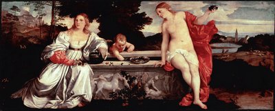 Tiziano Vecellio Szent szerelem és világi szerelem festménye, Tizianus (1490-1576) 1515 kb. Nap. 118x279 cm Róma, Galleria Borghese - Szakrális és profán szerelem - Tiziano Vecellio festménye, Tizianus (kb. 1488-1576), olaj, vászon, kb. 1515 (118x279 alkotó: Tiziano Vecelli
