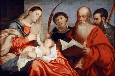 Szűz és gyermek Szent Istvánnal, Jeromosszal és Mauriceszal – Tizianus (1488-1576). Olaj, fa, c. 1520. Mérete : 92,7x138 cm. Művészettörténeti Múzeum, Vienne alkotó: Titian (c.1488 1576)