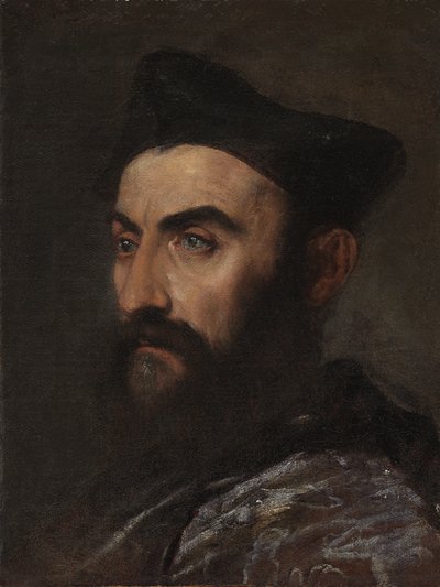 Pap portréja, mellig érő, kék kabátban, fekete kalapban - töredék alkotó: Tiziano Vecelli